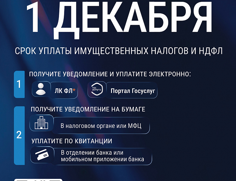 Внимание! Напоминание - срок уплаты имущественных налогов 1 декабря.